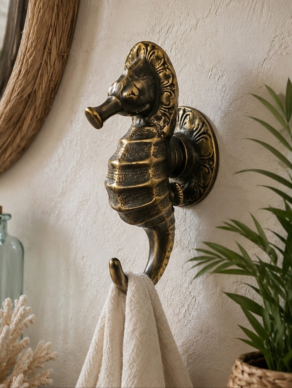 Brass Tone Seahorse Wall Hook 6.75" Coastal Nautical Gold Ocean Decor